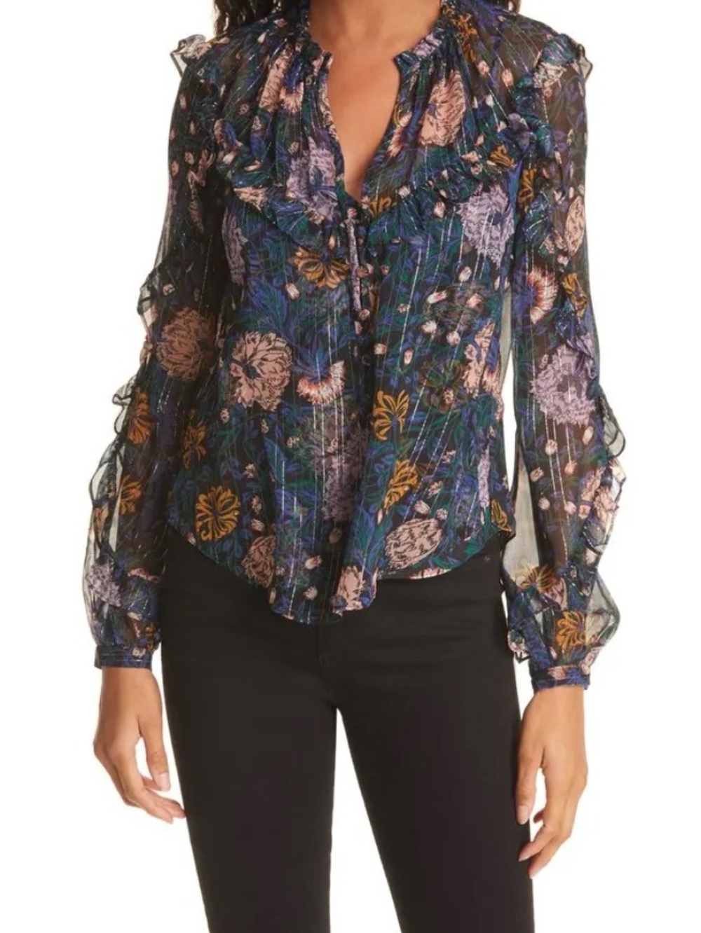 Veronica Beard Navy Floral Ruffled Long-Sleeve Blouse